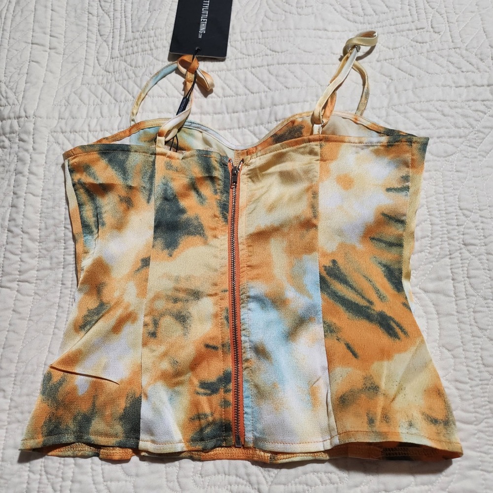 PrettyLittleThing Tie Dye Corset Top Orange Green Zip Back Size 4 NWT Festival